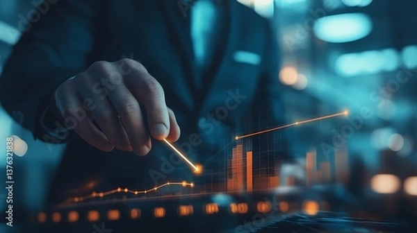 Fototapeta Businessman Analyzing a Declining Graph with Orange Arrow in a Blurred Setting