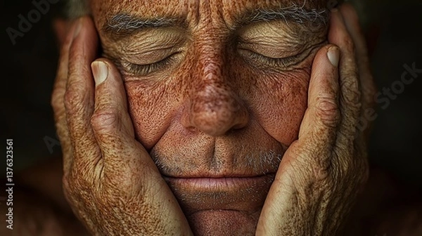 Fototapeta Wrinkled visage: A close-up of aging man with hands framing his face