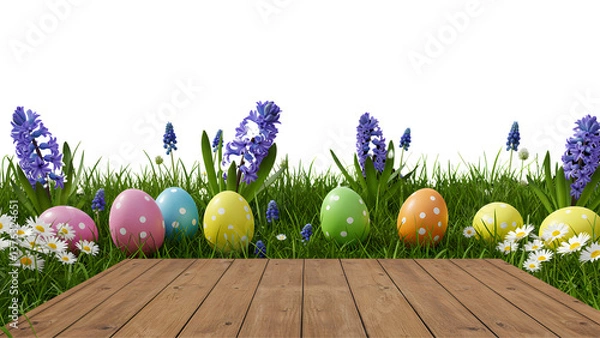 Fototapeta Five painted easter eggs celebrating a Happy Easter with a rustic wooden bench & green meadow grass to place products in front of with a transparent background