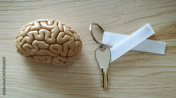 Fototapeta A clean view of a brain-shaped keychain placed next to a white ribbon on a light wooden surface