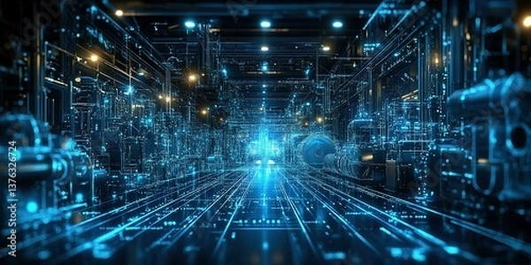 Fototapeta Futuristic digital corridor filled with glowing blue lines and technology elements in a high-tech environment