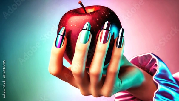 Obraz A hand with glossy, multicoloured nails holds a shiny red apple against a vibrant gradient background, blending fashion and temptation in a surreal style.