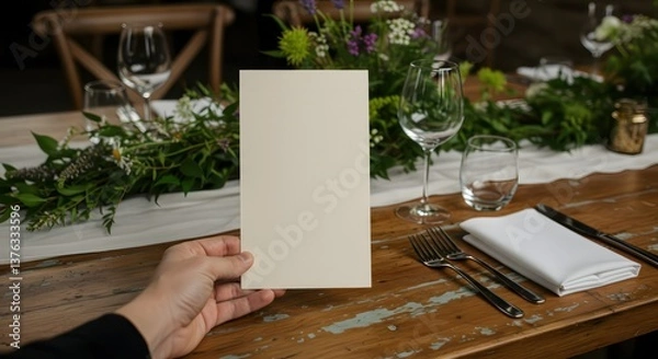 Fototapeta Blank Menu Card with Rustic Wedding Table.