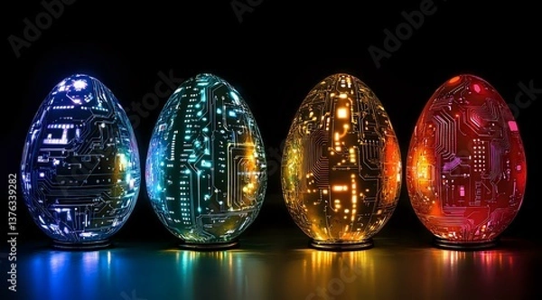 Fototapeta Glowing digital Easter eggs with circuit board patterns in blue, turquoise, gold and red colors arranged in row on reflective dark surface. Modern tech concept.