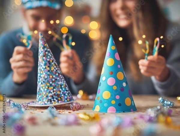 Obraz Party Celebration with Festive Hats, Confetti, and Sparklers for Joyful Gatherings - Enhance Your Event with Colorful Decor and Playful Accessories