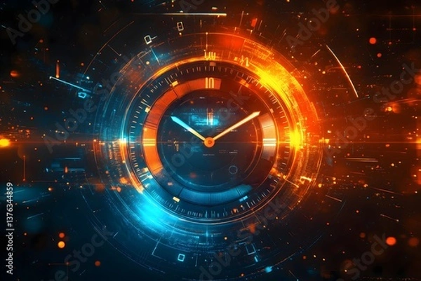 Fototapeta Digital art representation of a futuristic business clock displaying precise time in an energetic, glowing design