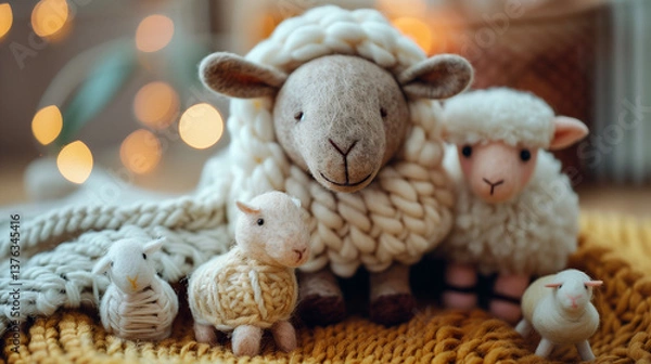 Fototapeta Crafting scene with handmade wool felt animals on a cozy wooden surface