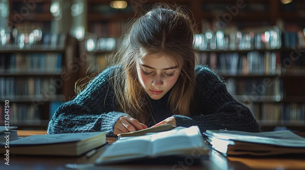 Fototapeta A teenage girl sitting in a public school library, focused on her studies while reading a textbook, symbolizing dedication to education and academic success