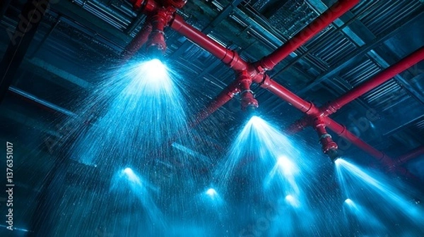 Fototapeta Emergency fire suppression system in action with bright illumination effects