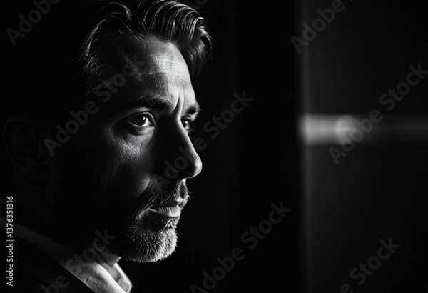 Fototapeta A man in a dark room looking away from the camera.