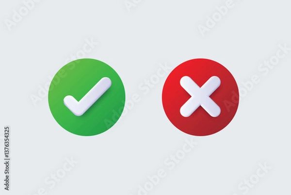 Fototapeta Check mark icon illustrate with right or wrong icons, green tick and red cross checkmarks, yes or no sign, true or false icon and approved or rejected icon. Flat vector illustration.