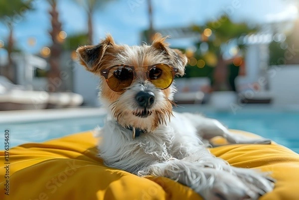 Fototapeta Small terrier mix dog wearing sunglasses relaxing on yellow pool float during summer day. Palm trees and swimming pool in background create vacation atmosphere.