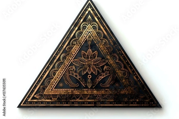 Fototapeta Mystical triangle ornament with lotus flower and sacred geometry patterns in copper and black colors on isolated background. Decorative esoteric design element.