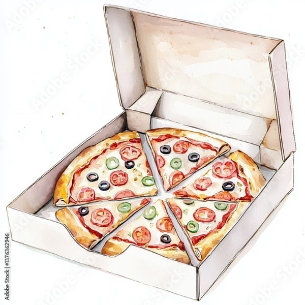 Fototapeta Watercolor Pizza in a Box Slices of Olive and Tomato Pizza