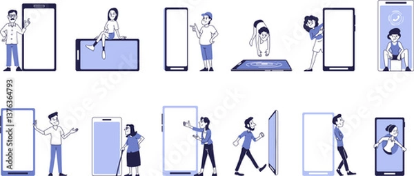 Fototapeta Set of isolated illustrations with people and giant smartphones, digital technology concept, interaction with the virtual world, blue and white minimalist style.