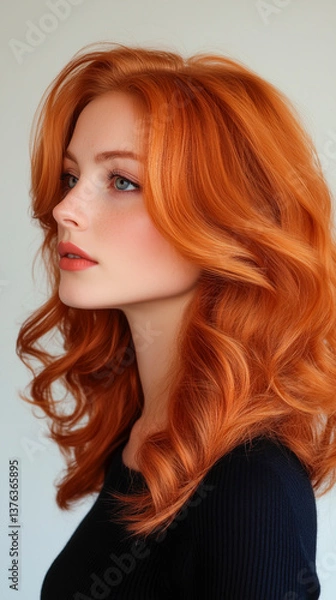 Fototapeta Side view of a woman with voluminous, bouncy curls perfectly styled after a salon treatment