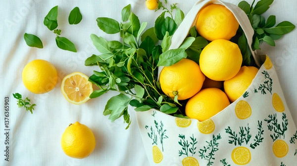 Fototapeta Reusable fabric tote bag filled with fresh fruits and vegetables (lemons) on a white surface