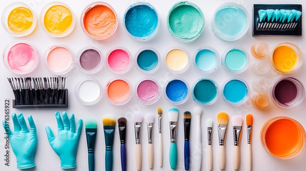 Fototapeta Top view of hair dyeing tools including brushes, gloves, and color bowls on a white background