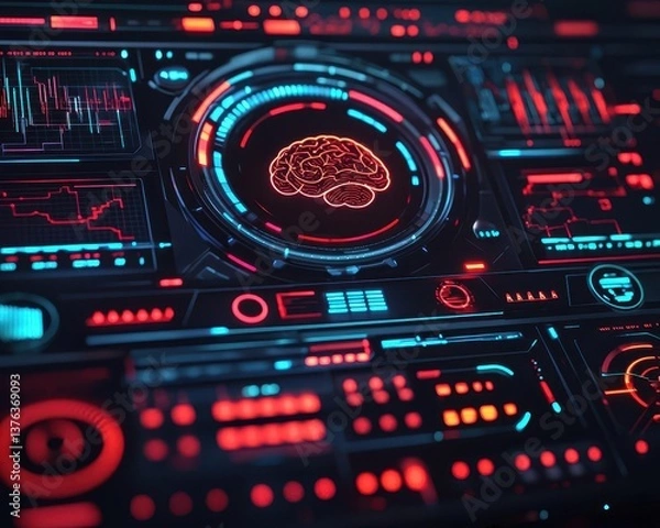 Fototapeta Futuristic braincomputer interface with digital brainwave displays, symbolizing progress in neural technology