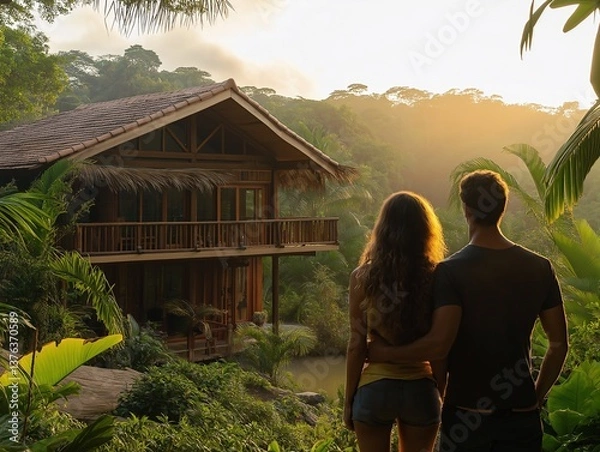 Obraz Romantic Getaway for Nature Lovers: Scenic Mountain Retreat and Adventure in a Wooden Cabin with Tropical Palm Trees at Sunset
