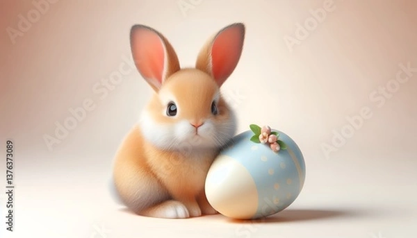 Obraz cute, fluffy easter bunny with easter eggs  on beige background