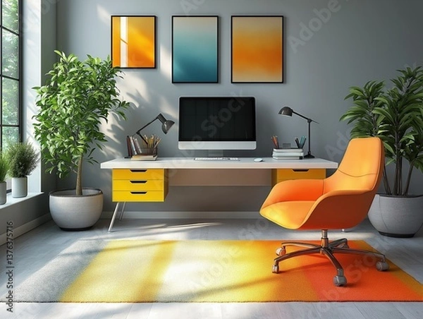 Obraz Modern Home Office Design: Vibrant Workspace with Ergonomic Chair, Bright Colors, and Natural Light