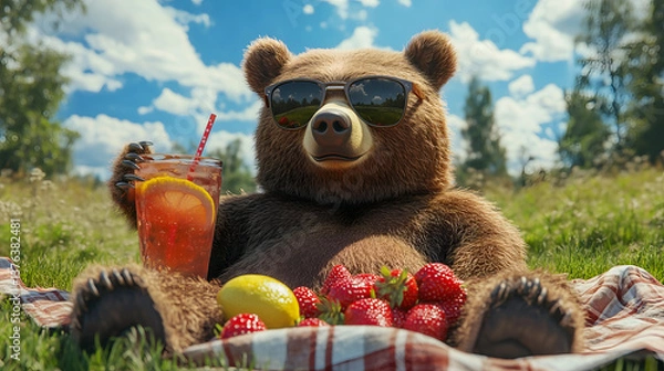 Fototapeta Bear enjoying a sunny day with lemonade and strawberries in a grassy field