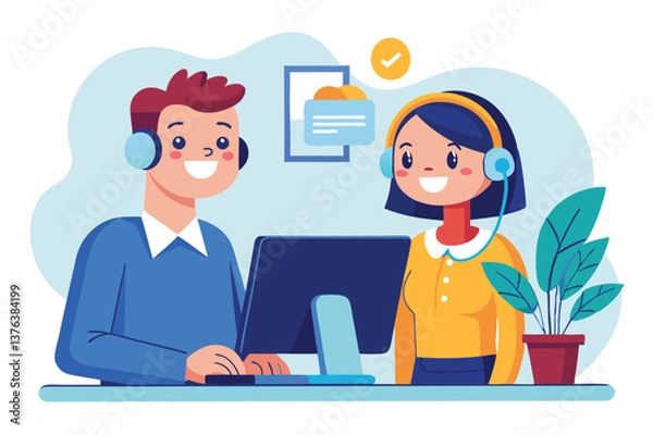Fototapeta Vector illustration of two customer service representatives working at a desk with a computer, engaged in conversation, in a bright office setting