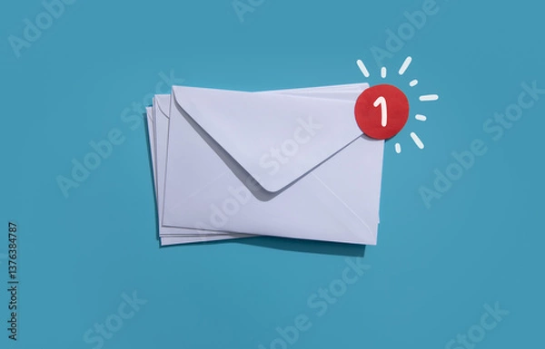 Fototapeta White envelope with notification red dot on a blue background..