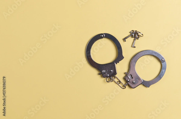 Fototapeta Handcuffs and Keys on a yellow background