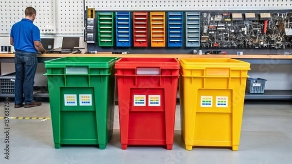 Obraz Colorful Waste Bins for Organized Storage in a Workshop Environment