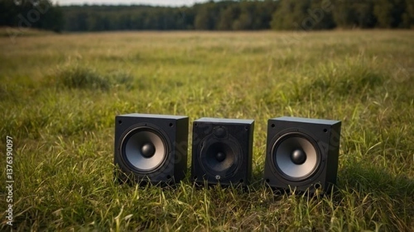 Fototapeta A trio of sleek black speakers set against a lush green field, capturing sound and nature's beauty.