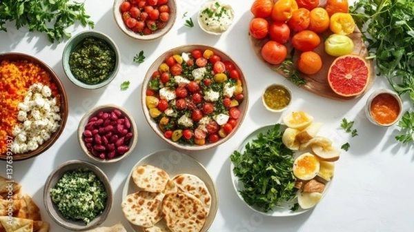 Fototapeta Colorful table display featuring a variety of mediterranean dishes including dips, olives, and fresh vegetables