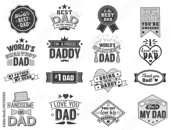 Fototapeta Isolated Happy fathers day quotes on the white background. Dad congratulation label, badge vector collection. Mustache, hat, stars elements for your design