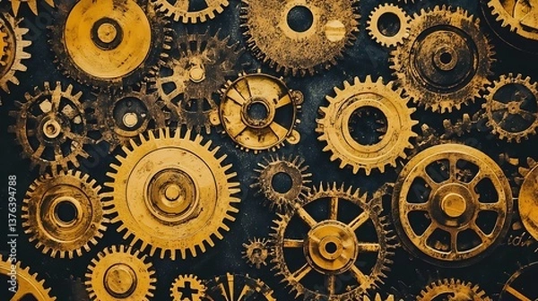 Obraz Gears layered on a dark surface. Could represent mechanics, engineering, or a complex system in background