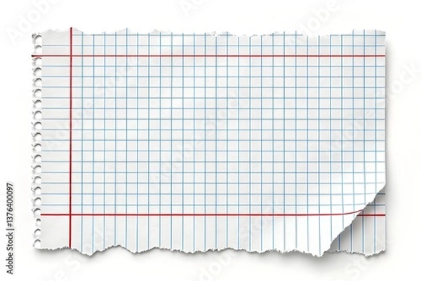 Fototapeta A torn sheet of graph paper, ready for ideas and calculations, with a perforated edge and red lines, hinting at a school notebook or creative project.