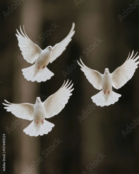 Fototapeta Three graceful white doves in flight, soaring towards freedom, peace, and hope, against a blurred background.