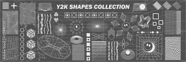 Fototapeta Abstract geometry hud wireframe shapes and patterns, cyberpunk elements, icon s and perspective grid s. Surreal geometric signs. Rave psychedelic futuristic Y2k acid aesthetic set. Vector illustration