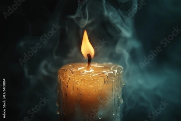 Fototapeta A single candle flickering in the darkness