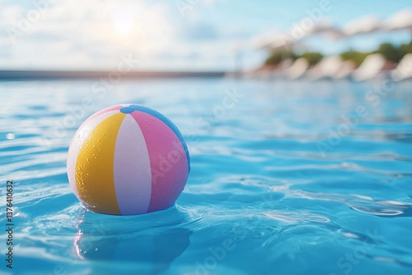 Obraz Colorful inflatable pool ball floating in turquoise water, tropical resort background. Travel and Summer Holiday Banner with copy space for text or logo