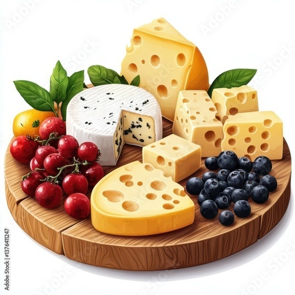 Fototapeta Cheese platter with assorted cheeses, fresh berries, and herbs arranged on a wooden board for a delightful snack experience