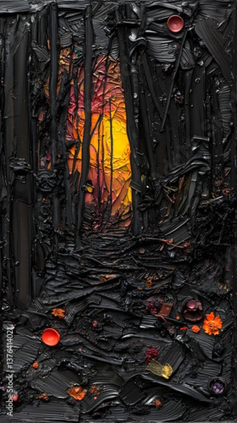 Fototapeta Abstract Impasto Painting with Black Orange and Red