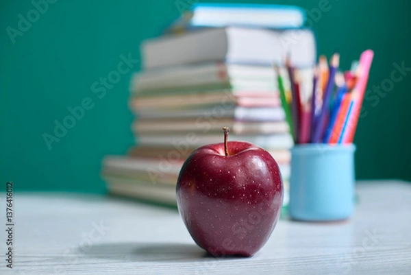 Obraz Red apple placed on a desk with a stack of books and colorful pencils in the background, representing education, school, and teacher appreciation elements.