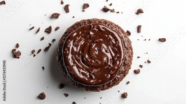 Fototapeta Top down view of a rich chocolate lava cake with melting center surrounded by elegant presentation details