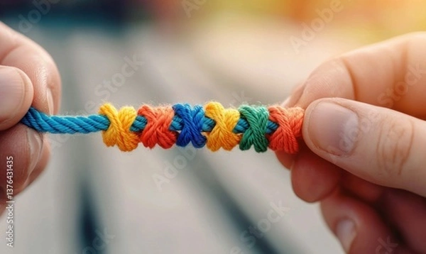 Obraz A person is carefully holding a vibrant, handmade friendship bracelet with colorful, knotted threads.