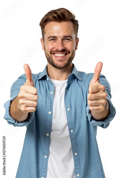 Obraz Homem sorrindo fazendo sinal de positivo com dedão joinha thumbs up em fundo transparente