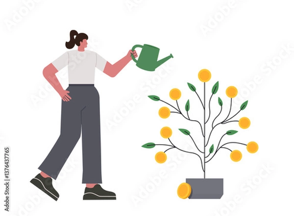 Fototapeta Money tree growth. Business investment concept. Revenue and income metaphor. Woman character watering money tree. Vector illustration isolated on white bakground.