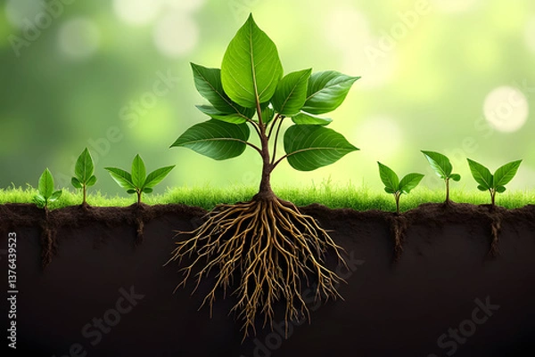 Fototapeta Witnessing the powerful growth of a sapling, from its humble beginnings to a thriving plant with extensive roots, against a soft, green backdrop.