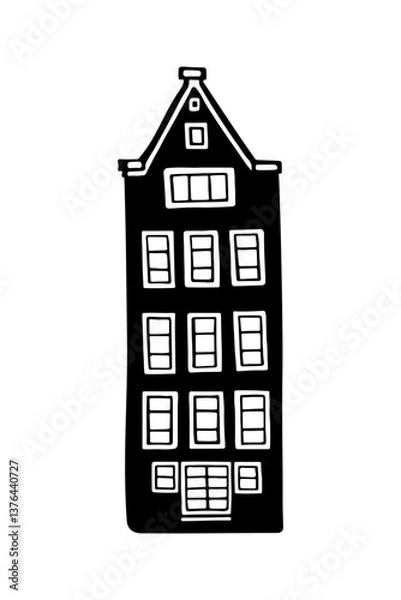 Fototapeta Amsterdam old house. Landmark of the Netherlands. Hand-drawn facades of old buildings collection. Black and white vector illustration.