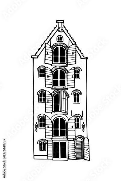 Fototapeta Amsterdam old house. Landmark of the Netherlands. Hand-drawn facades of old buildings collection. Black and white vector illustration.